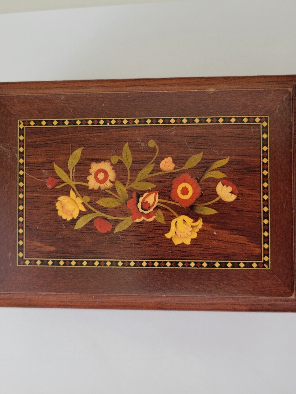 Vtg Floral Wooden Jewelry Box Hinged Handpainted Tan Velvet Inside 5x3.5x2.5"